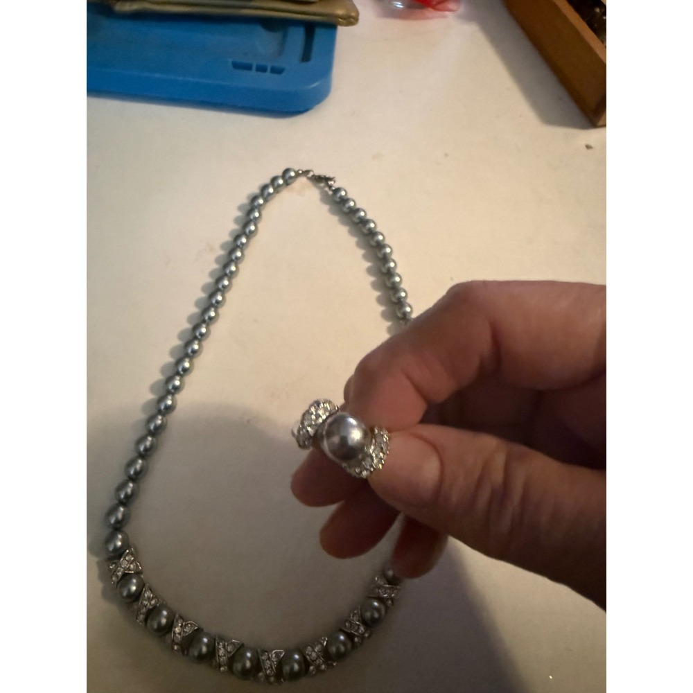 Gray Faux Pearl Rhinestone Necklace and Ring Set Silver Tone Formal Jewelry - Picture 2 of 2